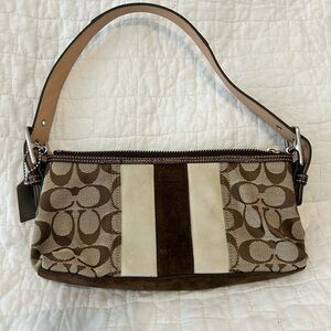 Coach Brown and Cream Signature Demi Baguette Shoulder Bag